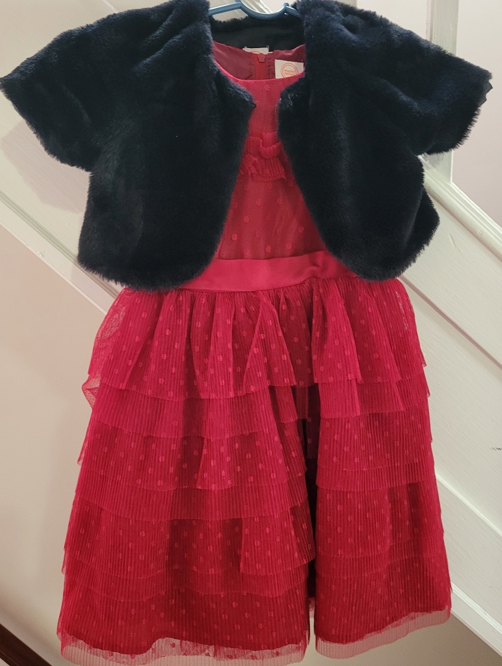 EUC Red Tiered Party Dress with Black Faux Fur Bolero